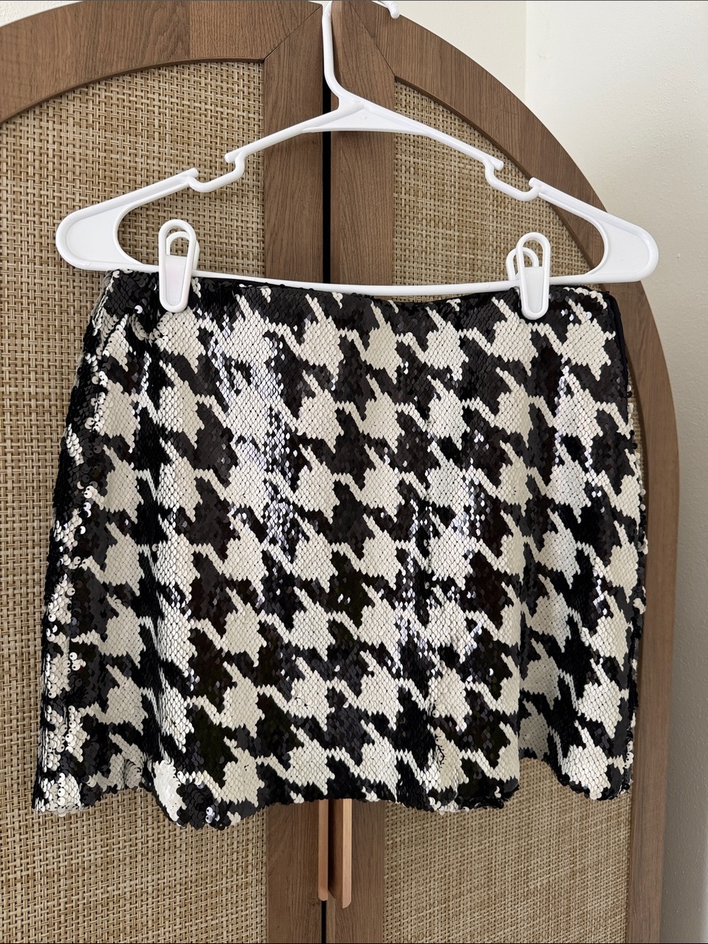 Zara Black White Sequin Houndstooth Mini Skirt Size S